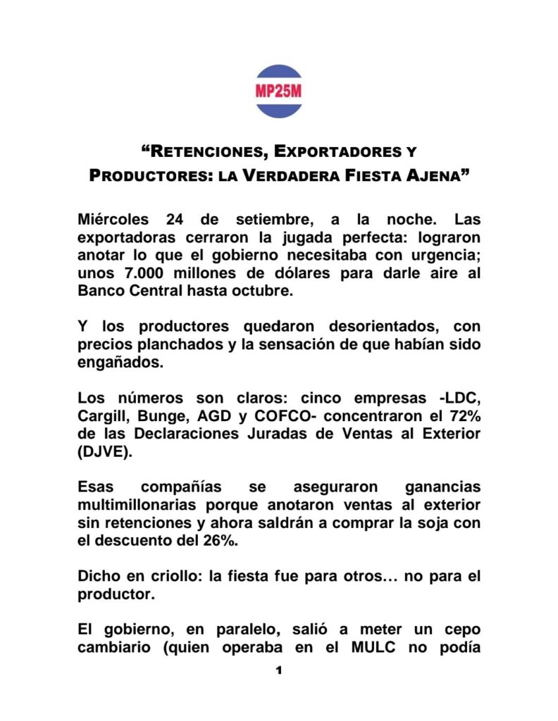 El MP25M denuncia que la baja de retenciones fue un fraude que benefició a 5 exportadoras con el 72% de las DJVE. Los productores quedaron con precios pisados mientras las corporaciones ganaron millones.
