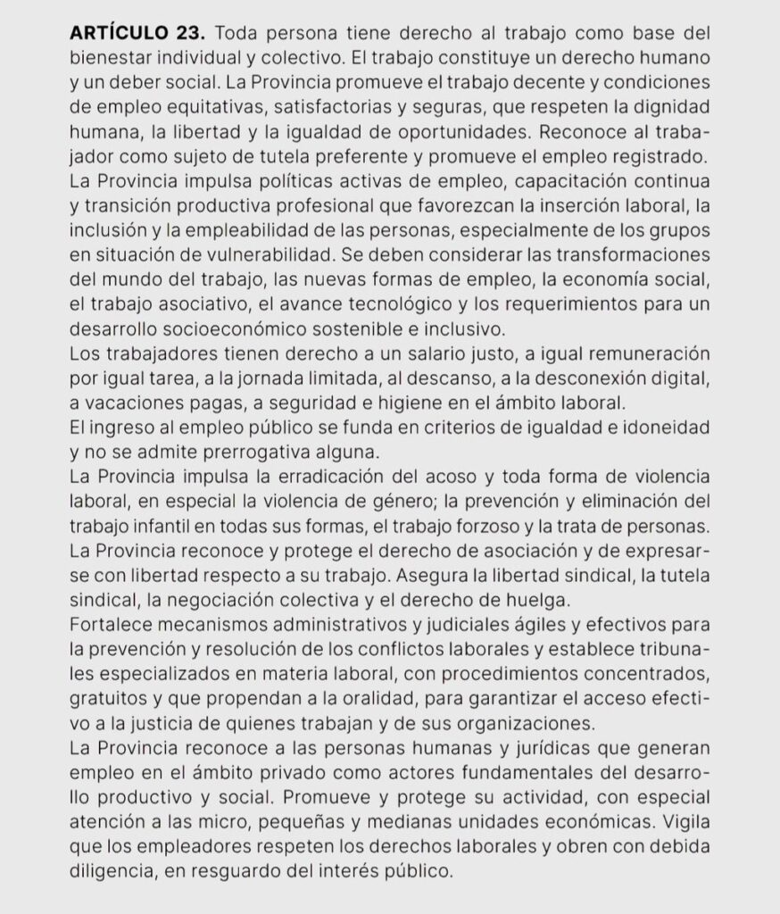 Conoce el artículo 23 de la nueva Constitución de Santa Fe que garantiza el derecho al trabajo digno, salarios justos, jornada limitada y protección contra la violencia laboral. Movimiento Productivo 25 de Mayo.
