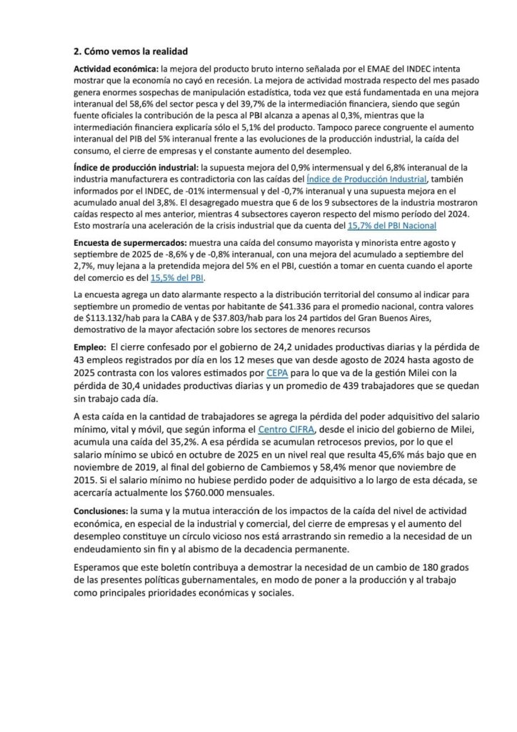 Análisis demoledor del primer boletín del MP25M e Instituto Patria que desmiente con datos oficiales el "éxito" económico de Milei: caída industrial, cierre de empresas, 43 desempleados por día y destrucción del salario mínimo. La realidad que el gobierno oculta.