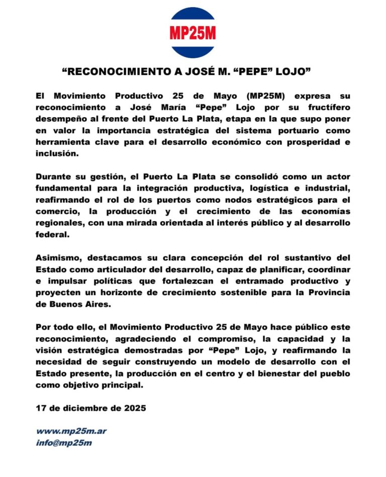 Movimiento Productivo 25 de Mayo 3 Reconocimiento a Jose Pepe Lojo
