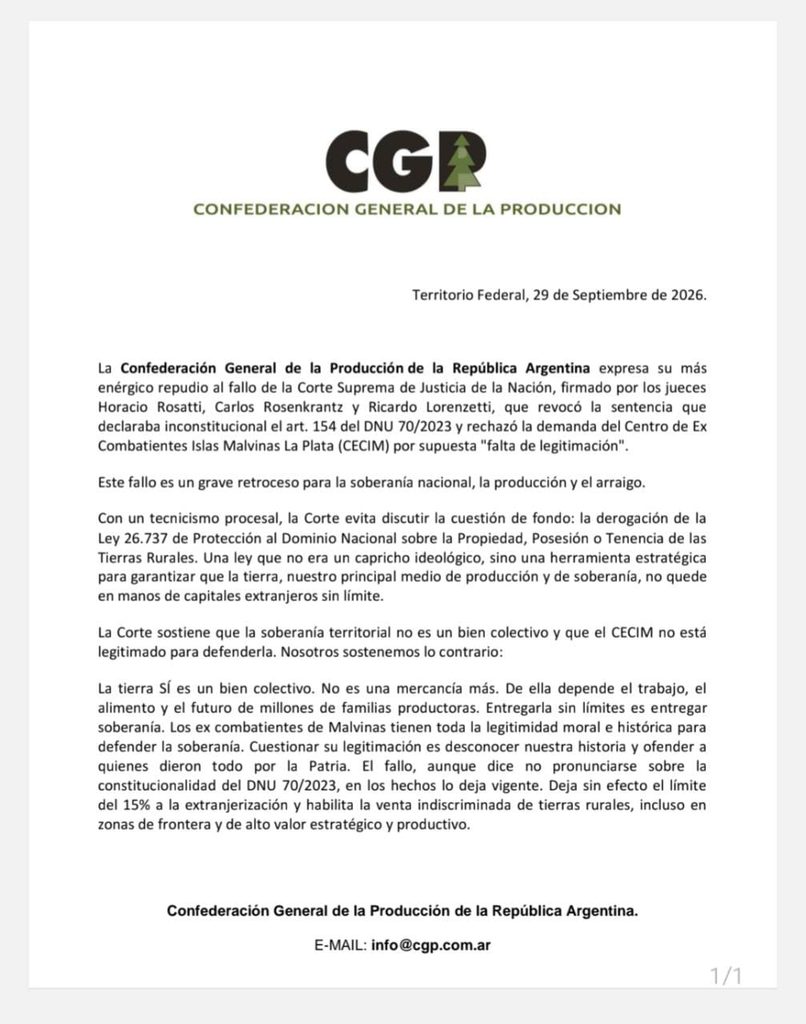 MP25M adhiere al repudio de la CGP y defiende la soberanía sobre la tierra 2 El MP25M adhiere al comunicado de la CGP y reivindica la soberanía nacional, la producción y la defensa de las tierras rurales argentinas.