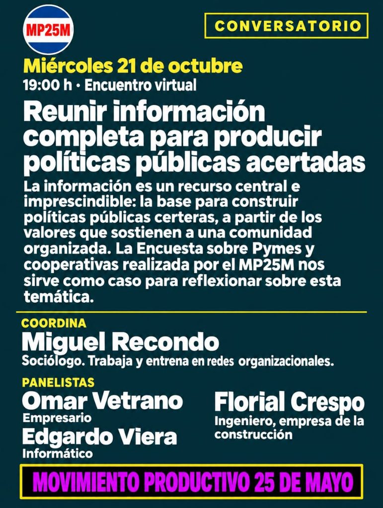 ¿Cómo construir políticas públicas acertadas? El MP25M invita a debatir sobre información, Pymes y cooperativas en un conversatorio virtual.
